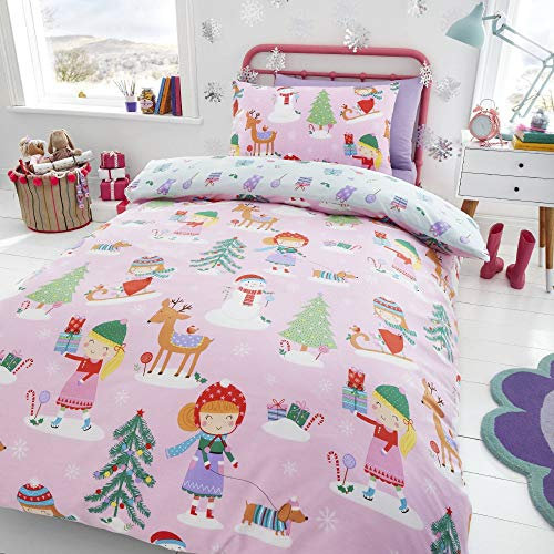Happy Linen Company Kids Girls Festive Christmas Tree Ice Skating Sausage Dog Pink Single Reversible Duvet Cover Bedding Set