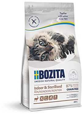 Bozita Indoor & Sterilised Katzentrockenfutter mit Rentier – 400g – getreidefreies Katzenfutter für sterilisierte Wohnungskatzen – 33 % Protein, 14 % Fett – gentechnikfrei, Alleinfuttermittel
