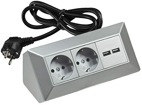 ChiliTec Steckdosenblock Ecksteckdose 2-Fach Schutzkontaktsteckdose 2X USB-A 3,1A mit 1,5m Kabel Mehrfachsteckdose für Küche Büro Werkstatt Silber Grau