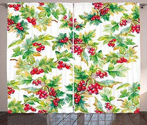 ABAKUHAUS Eberesche Rustikaler Gardine, Aquarell Beeren-Winter, Schlafzimmer Kräuselband Vorhang mit Schlaufen und Haken, 280 x 175 cm, Grün Senf