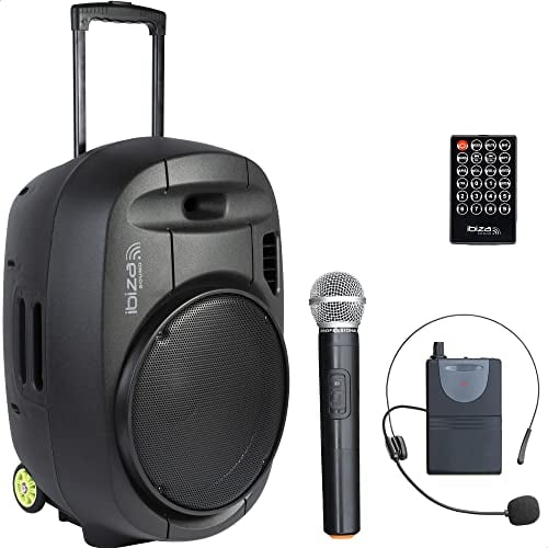 PORT15VHF-MKII - IBIZA - Tragbarer Lautsprecher 15/800W MAX mit 2 Mikrofonen (VHF), Fernbedienung und Zubehörtasche - Bluetooth, USB, SD - 5-7 Std. Wiedergabezeit
