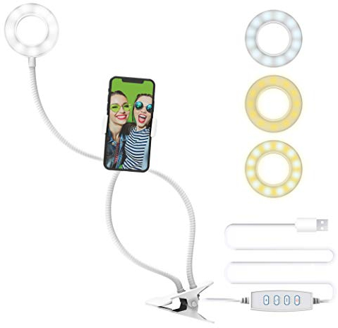 DigiPower 3 Selfie Ringlicht mit Cliphalter, 3 Beleuchtungsmodi, 10 Helligeitsstufen, Smartphone-Halterung (iOS/Android), kabellose Fernbedienung, für Make-Up, YouTube, TikTok und Vlogging, DP-VLR3