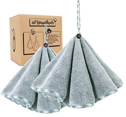 myHomeBody Hand Towels with Hanging Loops, Absorbent Charcoal Fiber Cleaning Clothes with Coconut Shell Button for Kitchen, Round Shape, Set of 2, Pine Green