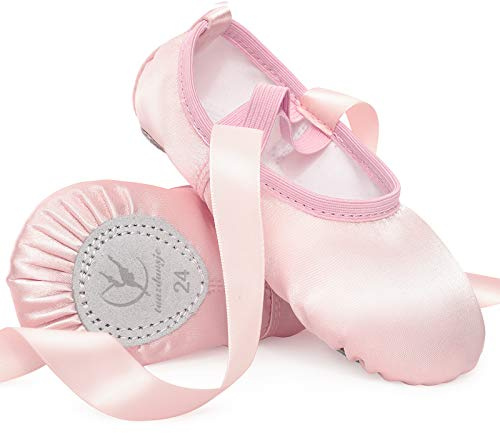 Scarpette da Danza Classica Raso Scarpe da Ballerina con Suola Divisa in Nastro per Bambina Donna Rosa Beige Chiaro Taglia 24-40