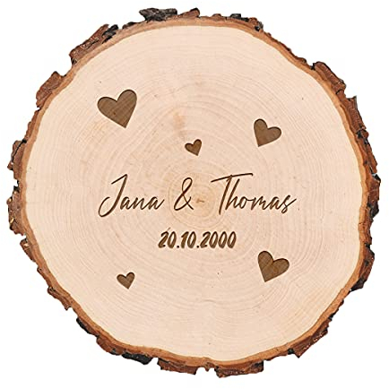 Mittelstück Baumscheibe - Naturprodukt Erlenholz - Unikat - mit natürliche Maserung - personalisiert Paare - Hochzeit - Motiv Herzen
