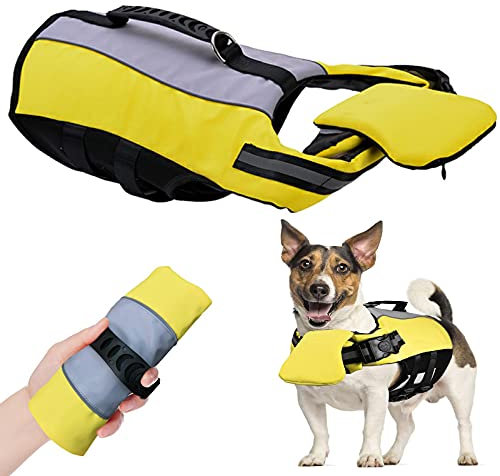 PJDDP Hundeschwimmwesten Schwimmweste Für Hund Badeanzug Tragbar Aufblasbar Reflektierende Rettungswesten Mit Haltegriff Für Kleine/Mitte/Groß Hunde,Schwimmbad, Strand, Bootfahren,S