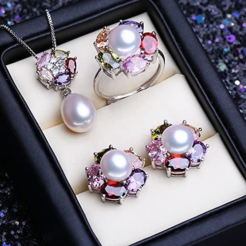 925 Sterling Silber Perle Schmuck Sets Natürliche Perle Ohrstecker Für Frauen Bunte Blume Anhänger Halskette Party Ring