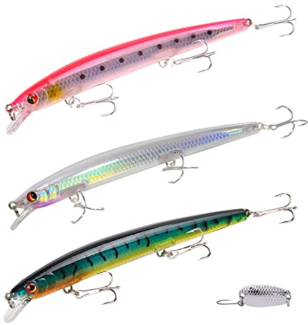 Set Esche da Pesca, Treple Hooks Minnow Lures Esche con paillettes in banda stagnata Esche finte simulate per bass trota Saltwater Freshwater (4 pezzi)