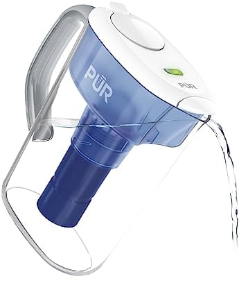 PUR Plus 7-Cup Water Pitcher, 1 Lead-Reducing Filter, Cleaner, Great-tasting Water, Dishwasher Safe, Powerful Filtration, Filter Change Light Indicator, LockFit Cap Design - White