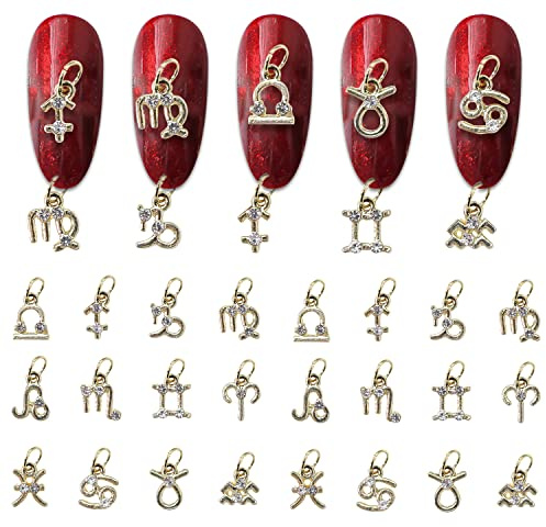 WOKOTO 24pcs Gold Zodiac Dangle Nail Charms For Nail Art 3d Charms For Nails Alloy Nail Gems Rhinestones Gold Nail Charms Nail Jewelry For Acrylic Nails Zodiac Charms Nail Piercing Charms For Women