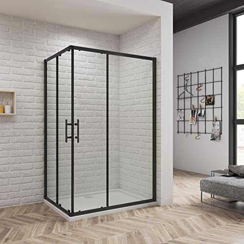 80x80x190CM CABINA DE DUCHA ANGULAR PUERTA CORREDERA MARCO NEGRO CRISTAL 6 MM EASY CLEAN ANTICAL TEMPLADO