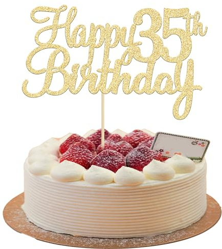 Gyufise 3Pcs Happy 35th Birthday Cake Topper Glitter 35th Birthday Cake Pick Cheers to 35 Years Old Thirty-five Fabulous Cake Decorations for 35th Birthday Theme Party Supplies Gold