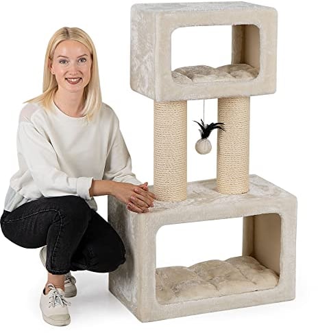 HAPPYPET Kratzbaum 'Tommy' Grosse Katzen Stabil 109 cm - Premium Qualität, 600g Plüsch, Dicke Stämme 12 cm, Große Liegefläche, Massiv Katzenkratzbaum klein für schwere Maine Coon, Creme