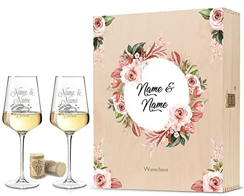 Leonardo Puccini Weingläser mit Gravur - Pink & White Roses Design - Personalisiert mit Namen & Datum inkl. Holzkiste - Geschenk zur Hochzeit Verlobung Jahrestag - Farbe: Große Kiste UV
