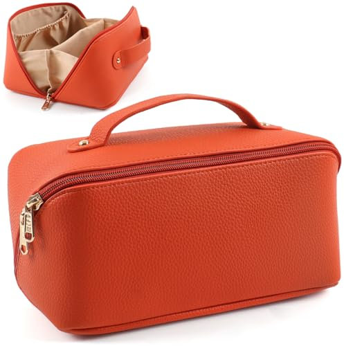MAMUNU Large Capacity Cosmetic Travel Makeup Storage Bag with Handle Portable Zipper Cosmetic Toiletry Makeup Bag Large with Compartments for Women Girls (Orange)