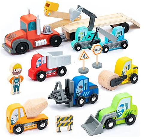 UMU® Holz Baufahrzeug Transporter Spielset für Kinder kompatibel mit Brio World Eisenbahn Sets & Anderen Marken, Spielzeug enthält Bagger, Kran, Walze u. v. m, 14 STK Set für Kinder ab 3, 4, 5 Jahre