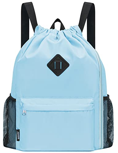 WANDF Drawstring Backpack Sports Gym Bag with Shoes Compartment, Water-Resistant String Backpack Cinch for Women Men(Light Blue,Large)