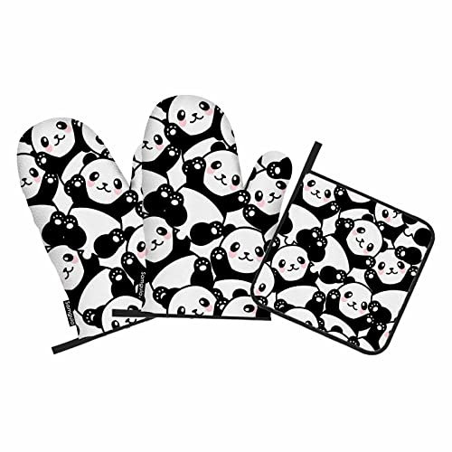 Samgula Niedliche Panda-Ofenhandschuhe und Topflappen-Sets, Tier-Jungen, flach liegen, glücklich, hitzebeständig, 3 Stück zum Kochen, Backen, Grillen
