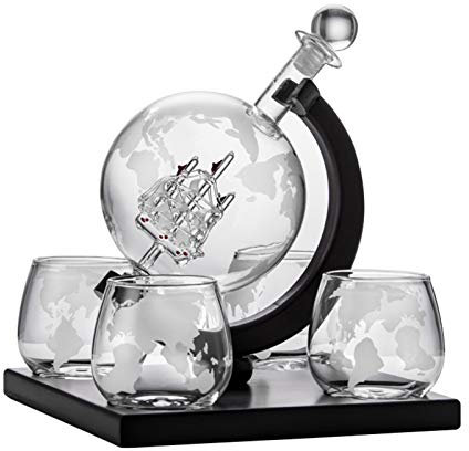 -Whiskey Globe Decanter Set Etched World Globe Decanter, Vodka, Bourbon, Kinds of Alcohol Drinks, Home Bar Accessories