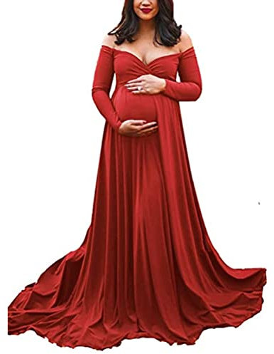Robe de grossesse - Robe d'allaitement - Robe de maternité - Épaules dénudées - Manches longues - Photographie - Robe de princesse solide - Accessoire photo - Robe d'été maxi, rouge, L