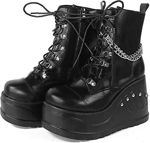Ulalaza Women's Thick-soled Boots Punk Thick-heeled Height heel Motorcycle Chain Knight Boots