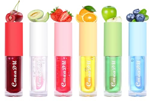 Lip Oil Tinted, MKNZOME 6pcs Moisturizing Fruity Lip Glow Oil Plumping Lip Gloss Non-sticky Lip Plumper Tinted Lip Balm Lip Care Make Up Gifts for Women Gilrs Daily Lip Care Repairing &Lip Makeup