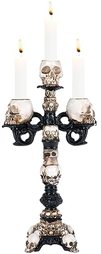 Portacandele Nero, Candelabro Ornamento Teschio con 3 Braccia, Gotico Halloween Teschio Statua di Resina, Spaventoso Tealight Scheletri Porta Candele per la Decorazione Della Casa, Soggiorno