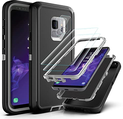 YmhxcY for Galaxy S9 Case Samsung S9 Case with Self Healing Flexible TPU Film[2 Pack] and Camera Lens Screen Protective Film[2 Pack],Heavy Protection Cover For Samsung Galaxy S9-Black/Grey