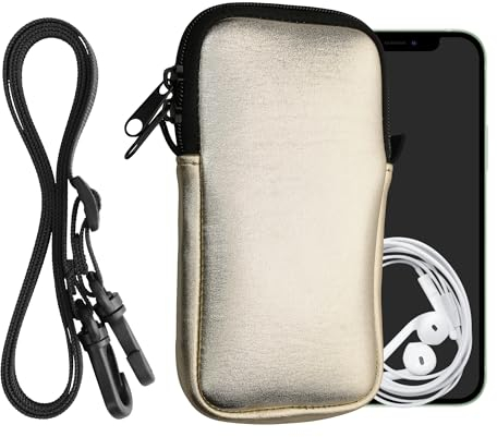 kwmobile Handytasche für Smartphones XL - 6,7/6,8 - Neopren Handy Hülle Metallic Gold mit Kordel - Handy Tasche mit Handykette 17,2 x 8,4 cm Innenmaße