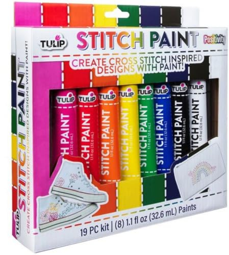 Tulip Weiche Stoffmalfarbe für mehrere Stiche, permanente Textilfarbe für Kleidung, inkl. Präzisionsspitzen, Musterübertragungsbögen und Projektanleitung, 8 Stück à 32,6 ml