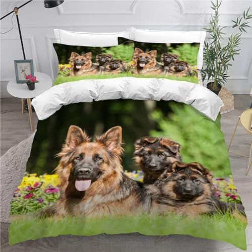MEVASA Bettwäsche 135x200 Deutscher Schäferhund Bettwäsche-Set 3 Teilig 3D-Druck Tiere Hunde Bettbezug 135x200 mit Reißverschluss Weiche Mikrofaser Kinderbettwäsche mit 2 Kissenbezug