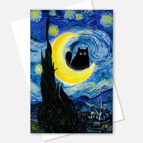 DVBOCS Lustige Sternennacht-Katzen-Wandkunst - Berühmtes Ölgemälde, Schwarze Katze, Poster, Drucke - Florale, Bunte, Abstrakte Bauernhausgalerie - Ästhetische Raumdekoration