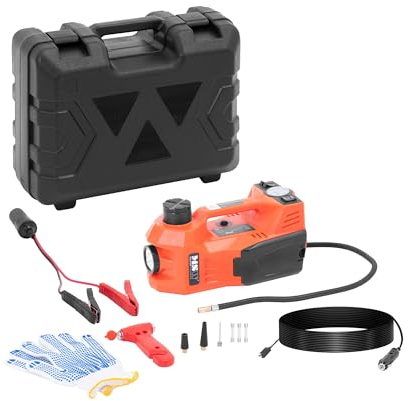 MSW-ECJ-12-01 Elektrischer Wagenheber 12 V hydraulisch Radwechsel-Set Hubhöhe: 15,5-45 cm multifunktional 5 t mit Sicherheitshammer, Kompressor, LED-Lampe, Reifen-Luftpumpe Wagenheber Autoheber