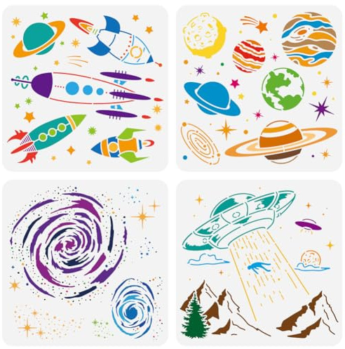 FINGERINSPIRE 4 Stück Raketen Malschablone 30x30 cm Wiederverwendbare Weltraum Planeten Zeichenvorlage DIY Galaxie Schwarzes Loch UFO Schablone Zum Malen Auf Holz Wand Stoff Möbeln