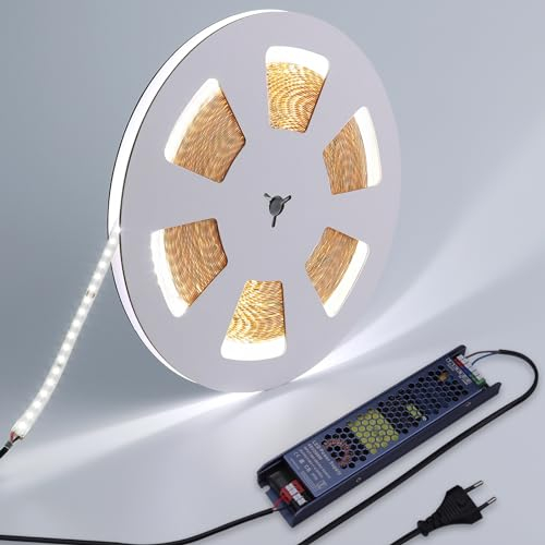 BENLUN Tira LED 48V 20 Metros, 6000K Blanco Frio Adhesivas Tiras de LED de Interior, Flexible Recortable Alto Brillo Luces LED Habitacion, Convertidor y Enchufe Incluidos