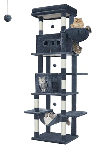 Hzuaneri 210 cm Grand Arbre à Chat, Tour à Chat pour Chats d'intérieur, avec Grand Perchoir, Tapis Lavable, 2 Niches Chats, 8 Griffoirs, Hamac, Pompons, Gris Foncé MS21018SG
