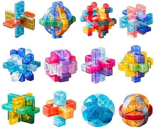 Hinourisha 12Pcs Kristallkunststoff Brain Teaser Puzzle Logik Puzzles, Denkaufgabe Puzzle, IQ Spiele IQ Test Challenge Toy 3D Interlocking Puzzles Entwirrungsspiel für Kinder Teenager Erwachsene#