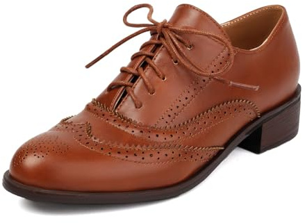 SHEMEE Women's Chunky Low Heels Oxfords Saddle Shoes Creeper Vintage Wingtip Brogues Perforated Flats Lace Up Pumps Brown,US 8.5