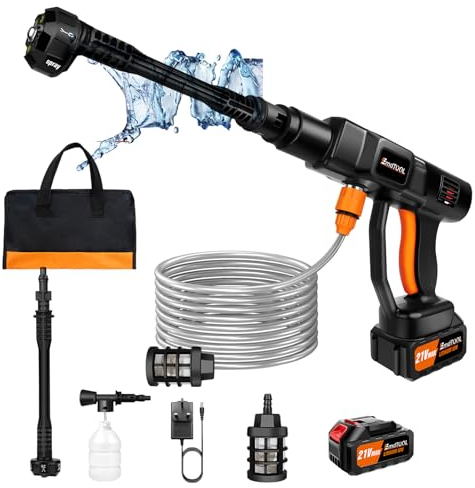 Lavadoras a Presión, Lavadoras a Chorro Inalámbricas/Lavadoras a Presión con batería de 1300 mAh, Boquillas Rociadoras 6 En 1, Manguera de 5 M / 25 CM, Botella de Espuma, 21V, Naranja