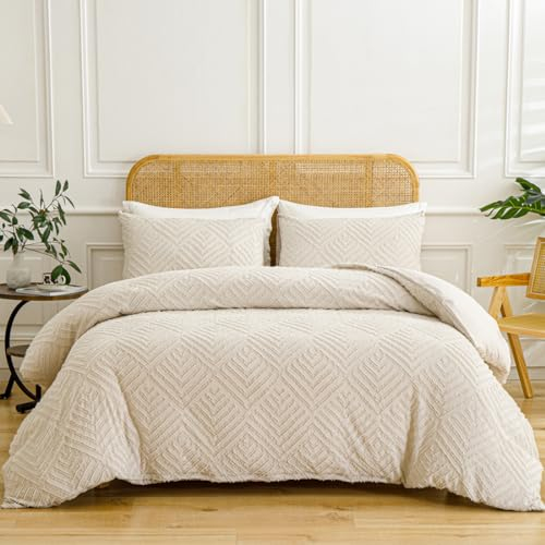 Nyescasa Beige Bettwäsche 135x200 4teilig Boho Getuftet Stickerei Geometrisch Chevron Linie Wendebettwäsche Set Mädchen Mikrofaser Chic Vintage Bettbezug mit Reißverschluss und 2 Kissenbezug 80x80 cm