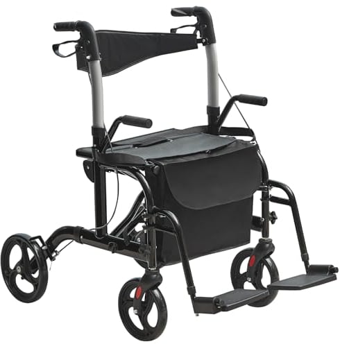 VEVOR 2-in-1 Rollator und Transportstuhl zusammenklappbare Rollator-Rollstuhl-Kombination und Fußstützen leichter Aluminium-Rollator mit verstellbarem Griff All-Terrain-Räder 136 kg Schwarz