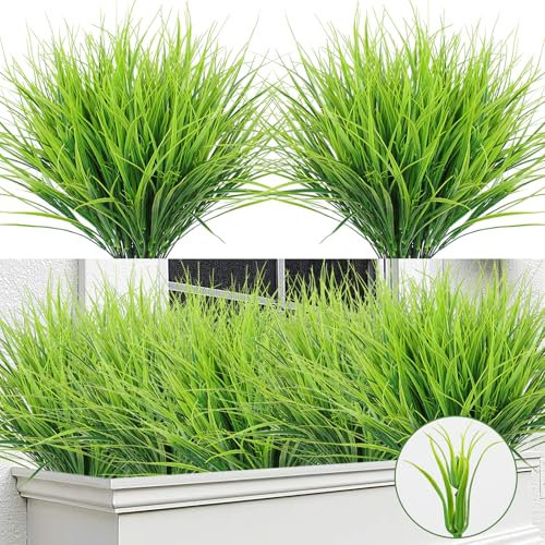 DEMIUKO 12pcs Artificial Plants Outdoor Wheat Grass Verdant Summer Plants Fake Plastic Greenery UV Resistant Faux Shrub Bushes for Flower Arranging Garden Window Box Balcony Indoor Outside Decor