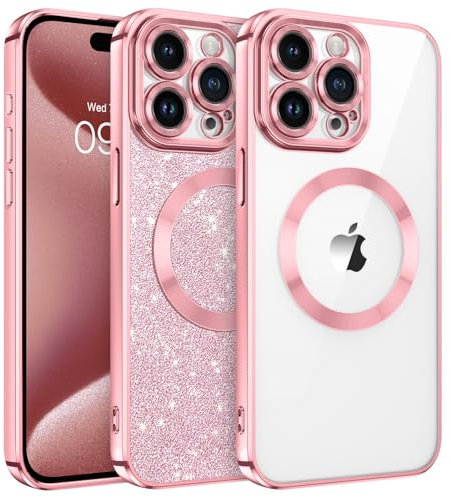 GaoBao Cover per iPhone 15 Pro 6,1” Glitter, Custodia per MagSafe, Doppio stile Trasparente/Glitter, Design con Bordo Rosa, Materiale TPU & PC, Anti-ingiallimento,Protezione Perfetta!(Rosa)