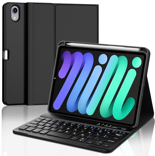 SENGBIRCH Hülle mit Tastatur für Mini 7 (A17Pro) 8.3 2024 - Magnetisch abnehmbar mit Deutsches QWERTZ Layout Tastatur, Soft TPU und Leder hülle mit Pencil Halter für Mini 6, Schwarz