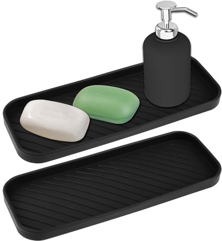 2 Pack Silicone Organizer Tray, Sink Non-Slip Soap and Sponge Holder for Kitchen, Bathroom, Counter – Quick Drying Silicone Storage Tray for Organiser Dish Brush, Soap Dispenser, Scrubber, Black
