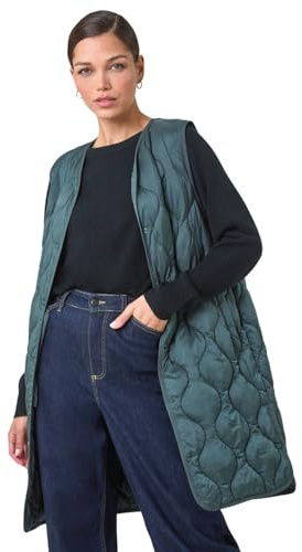 Roman Originals Quilted Collarless Buttoned Gilet for Women UK - Ladies Everyday Autumn Winter Funnel Neckline Comfy Soft Evening Vacation Work Party Night Out - Forest Green - Size 18