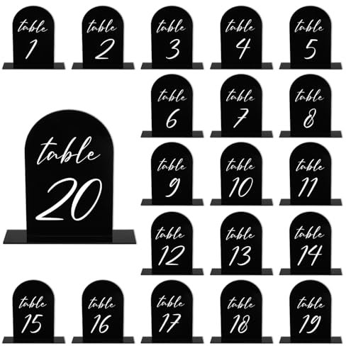 PATIKIL Wedding Table Numbers 1-20, 6x4 Acrylic Display Signs and Holders for Weddings Receptions with Stands Parties Events Centerpiece, Black Background White Text