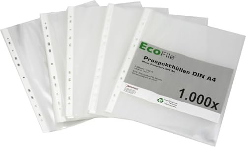 Prospekthülle A4 / 1000 Stück/nachhaltig aus Post-Consumer-Recycling PP 80 my glatt glasklar extra stark, mit Abheftrand, Schmalseite oben offen – (80my)
