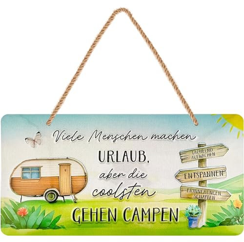 LANOLU Retro Blechschild Camping- die coolsten gehen campen, Camper Geschenke für Wohnmobilfahrer als lustige Wohnwagen Deko, Camping Regeln Deko Wohnwagen mit Jutekordel 16x32cm