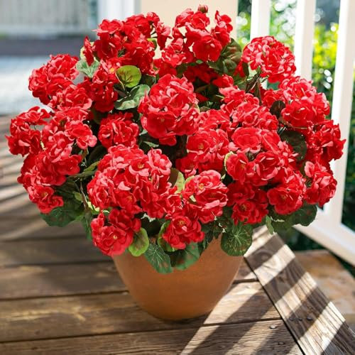 3Pcs Künstliche Geranien Blumenstrauß - UV-beständige Kunstblumen für Draußen & Innen - Faux Blumen Deko für Balkon, Garten, Veranda, Kunstblumen in Rot(3 Stück, Rot)